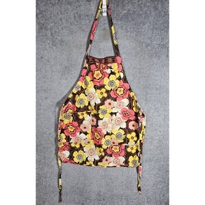 Vera Bradley Buttercup Floral Apron Pink Yellow Brown Cotton Pockets Tie Back